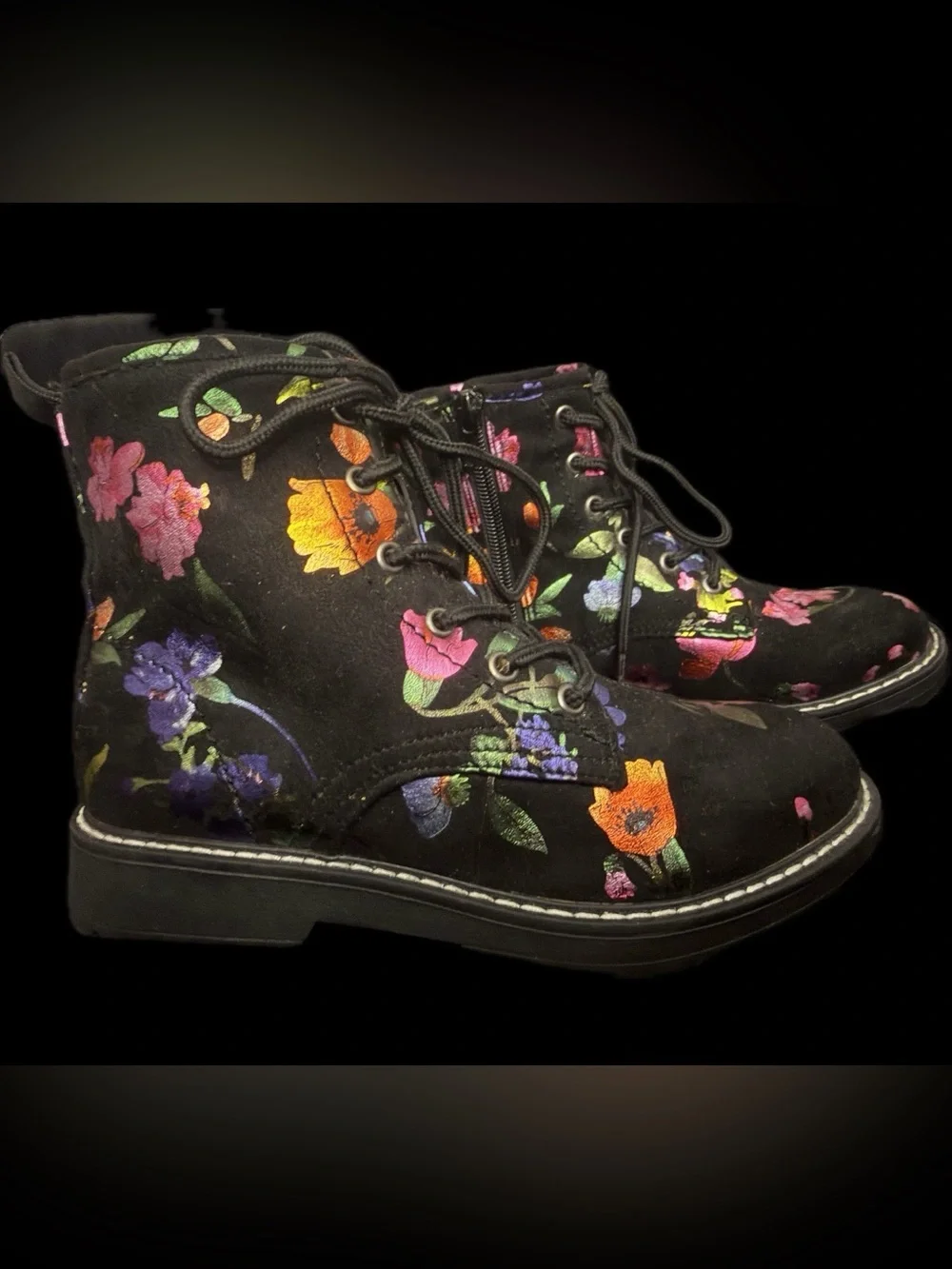 Steve Madden Girls Black Floral Lace-Up with zipper Ankle Boots